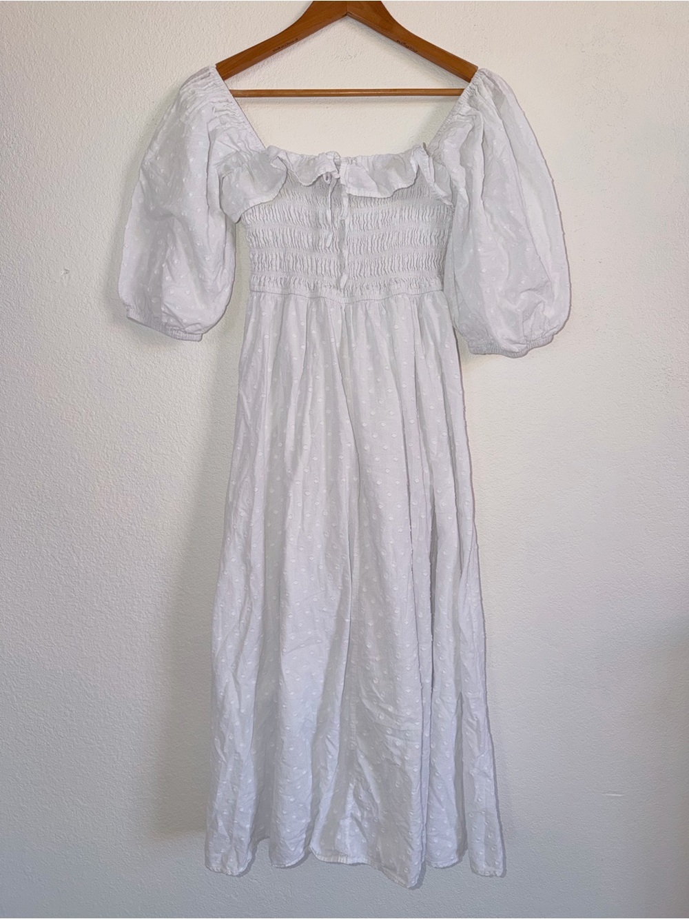 Smocked Midi Dress with Puff Sleeves - White